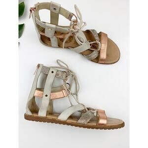 Sorel Ella Lace Up Gladiator Sandals Cream Rose Gold Strappy Flats Women's 10